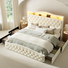 Upholstered King Bed Frame with 4 Storage Drawers and 52.5" Tall Headboard, Platform Bed with Charging Station & LED Light, No Spring Box Needed! (NEW IN BOX)