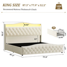Upholstered King Bed Frame with 4 Storage Drawers and 52.5" Tall Headboard, Platform Bed with Charging Station & LED Light, No Spring Box Needed! (NEW IN BOX)
