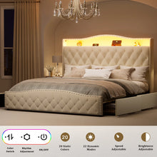 Upholstered King Bed Frame with 4 Storage Drawers and 52.5" Tall Headboard, Platform Bed with Charging Station & LED Light, No Spring Box Needed! (NEW IN BOX)