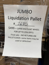 Jumbo Liquidation Pallet number 2680!

Over 7 ft tall!

General merchandise

Price: $499.00 - (SPIN OUR DISCOUNT WHEEL FOR A DISCOUNT UP TO 25% OFF!)

Discounts cannot be combined.
