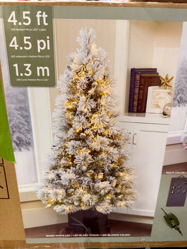4.5 ft Pre-Lit Potted Flocked Artificial Christmas Tree, Color-Changing Radiant Micro LED Lights! (NEW IN BOX)