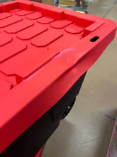 Hyper Tough 50 Gallon Snap Lid Wheeled Plastic Storage Bin Container, Black with Red lid!! NEW OUT OF BOX(MINOR STRAP DAMAGE ON LID, WORKS FINE)!!