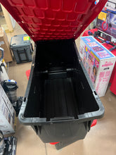 Hyper Tough 50 Gallon Snap Lid Wheeled Plastic Storage Bin Container, Black with Red lid!! NEW OUT OF BOX(MINOR STRAP DAMAGE ON LID, WORKS FINE)!!