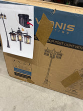 3-Head Outdoor Lamp Post Light with Outlet, Black Dusk to Dawn Street Light Pole for Garden! (NEW IN BOX)