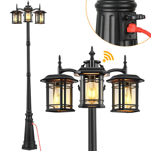 3-Head Outdoor Lamp Post Light with Outlet, Black Dusk to Dawn Street Light Pole for Garden! (NEW IN BOX)