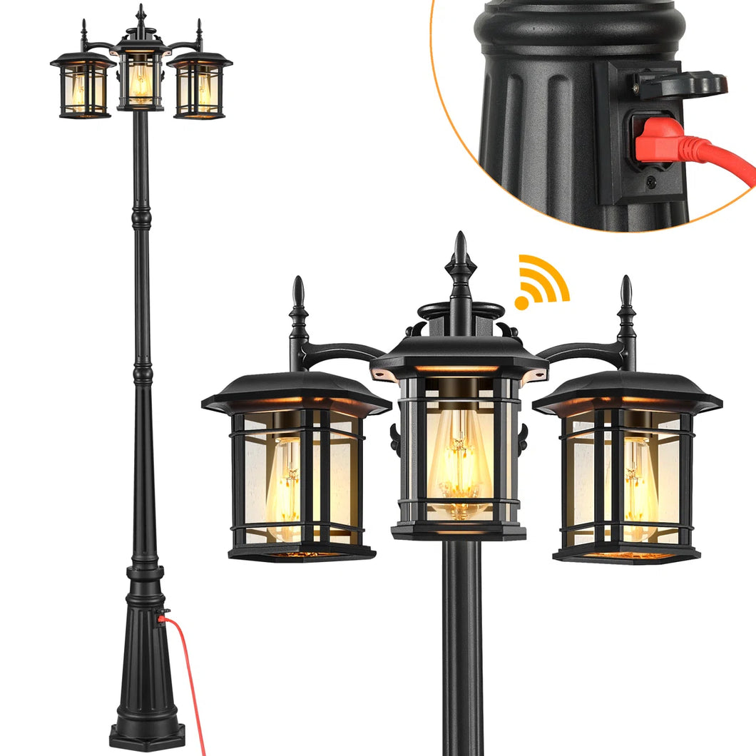 3-Head Outdoor Lamp Post Light with Outlet, Black Dusk to Dawn Street Light Pole for Garden! (NEW IN BOX)