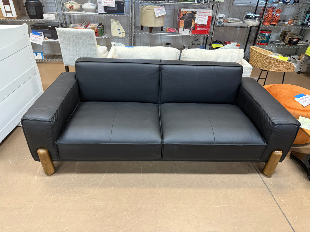 Mid century modern sofa,Genuine Leather sofa with Solid Wood,Loveseat Black Sofa Couch! (BRAND NEW - MINOR CUT ON BACK)