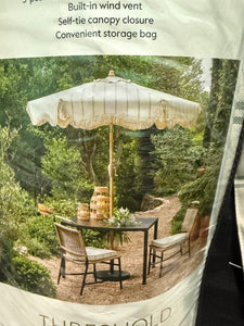 6.5’ Round Striped Scalloped Fringe Edge Outdoor Patio Market Umbrella Cream - Threshold!! BRAND NEW(CARRY BAG RIPPED BUT UMBRELLA IS PERFECT)!!