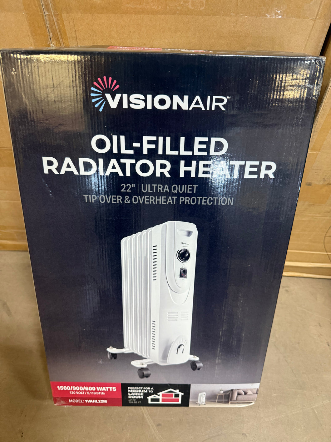 Visionair 600/900/1500-Watts White Electric Oil-Filled Heater Space Heater with Overheat Protection and Safety Tip-Over Switch!! NEW IN BOX!!