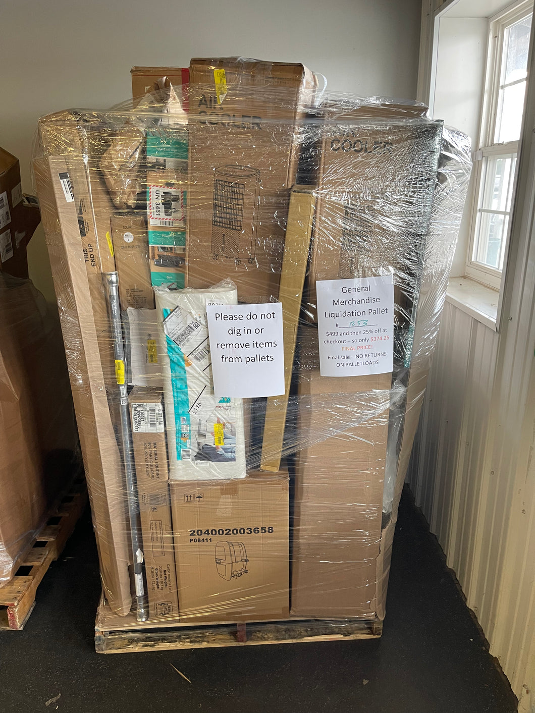 THIS PALLET IS A WHOPPER!

 

Jumbo extra tall General Merchandise pallet load number #1253

 

$499.00 WILL BE REDUCED TO $374 AFTER OUR 25% OFF SALE! DISCOUNT IS AUTOMATICALLY APPLIED AT CHECKOUT!