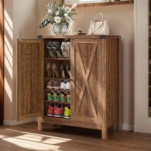 Dextrus Farmhouse Shoe Cabinet with Barn Doors, 5-Tier Wood Shoe Storage Rack Organizer for Entryway/Hallway/Closet, Brown! (NEW & ASSEMBLED)