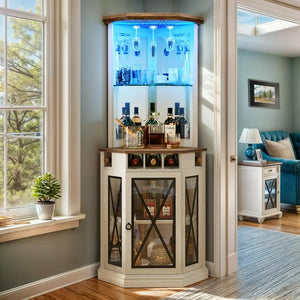 Dextrus Corner Storage Cabinet with Door & Led Light, 72" Tall Corner Bar Cabinet with Adjustable Shelves! (NEW & ASSEMBLED)