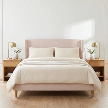 CORDUROY UPHOLSTERED WINGBACK QUEEN BED! (NEW IN BOX) - (WE DO NOT SHIP)
