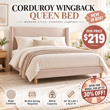 CORDUROY UPHOLSTERED WINGBACK QUEEN BED! (NEW IN BOX) - (WE DO NOT SHIP)