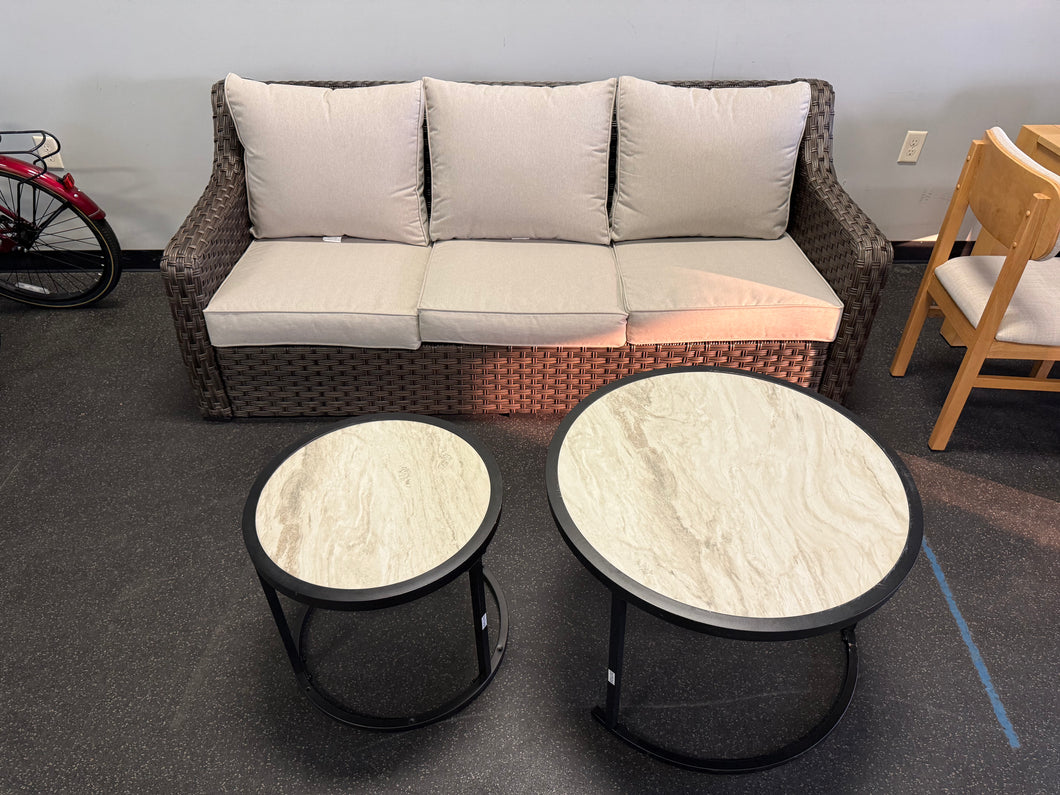 Better Homes & Gardens River Oaks Outdoor Sofa & 2 Nesting Tables with Patio Cover, Dark Brown!! BRAND NEW - MINOR DAMAGE FROM SHIPPING!