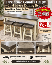 Farmhouse Counter Height 4-Piece Dining Set w/ 3 Stools! (BRAND NEW OUT OF THE BOX - HAS SOME CHIPS, SEE PHOTOS) - (WE DO NOT SHIP)