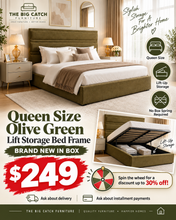 Queen Size Olive Green Lift Storage Bed Frame! (BRAND NEW IN BOX)