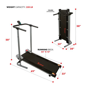 Sunny Health & Fitness Manual Treadmill - Compact Foldable Exercise Machine for Running and Cardio Training! (NEW & ASSEMBLED)