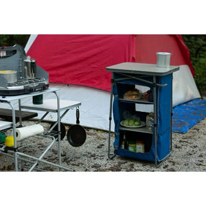 Ozark Trail 3-Shelf Collapsible Cabinet with Table Top, Blue, 23"L x 19"W! (NEW OUT OF BOX - MINOR CRACK ON TOP TABLE!)