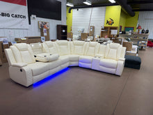 3-Pieces 210" Breathing Leather Power Reclining Theater Sectional with Wireless Chargers and LED Lighting- new - cream color