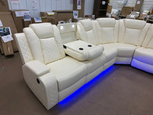 3-Pieces 210" Breathing Leather Power Reclining Theater Sectional with Wireless Chargers and LED Lighting- new - cream color