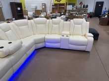 3-Pieces 210" Breathing Leather Power Reclining Theater Sectional with Wireless Chargers and LED Lighting- new - cream color