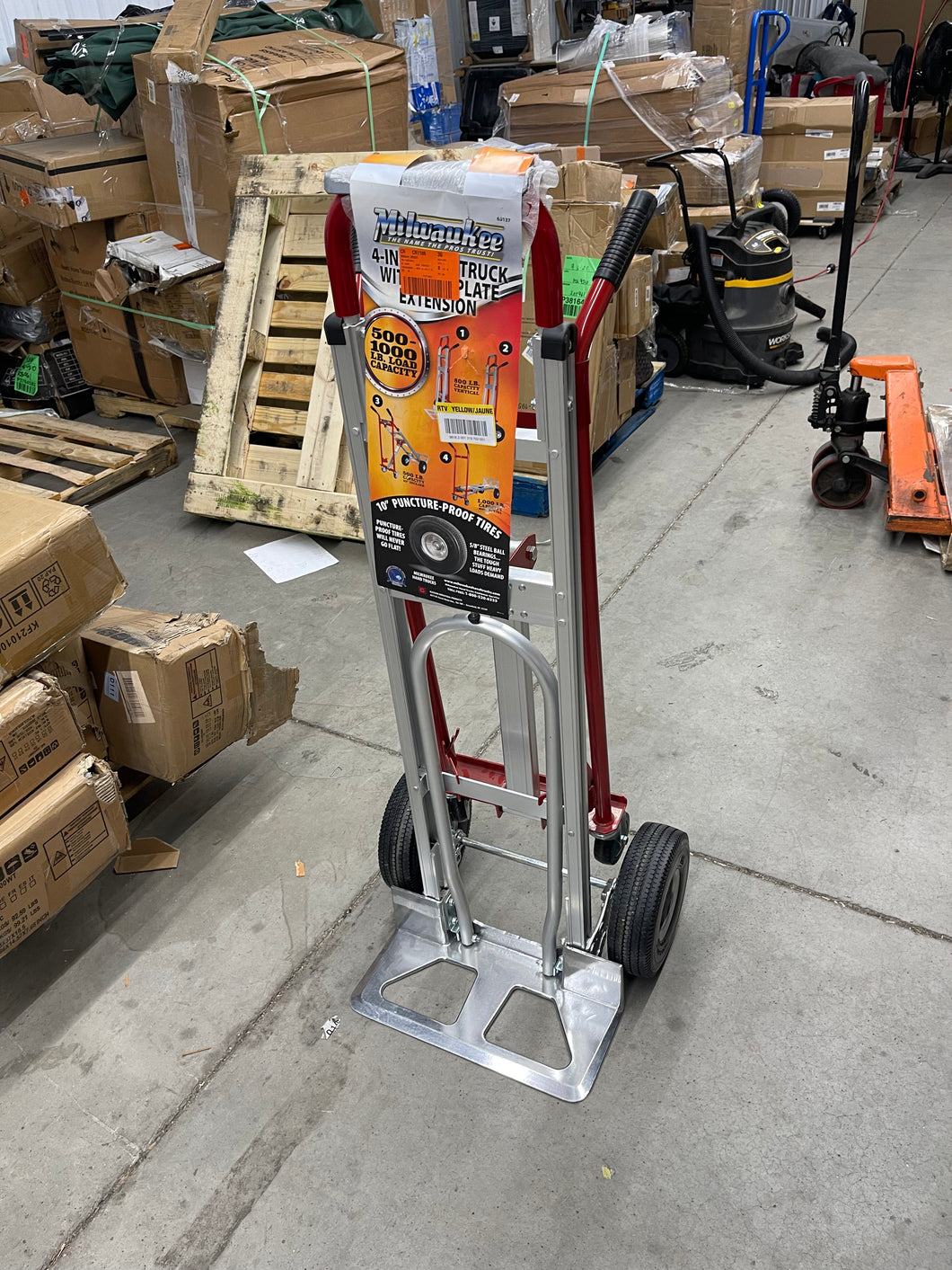 Milwaukee 1,000 lbs. Capacity 4-in-1 Hand Truck! (BRAND NEW -)

-Brand new, bent wheel from shipping but not too bad