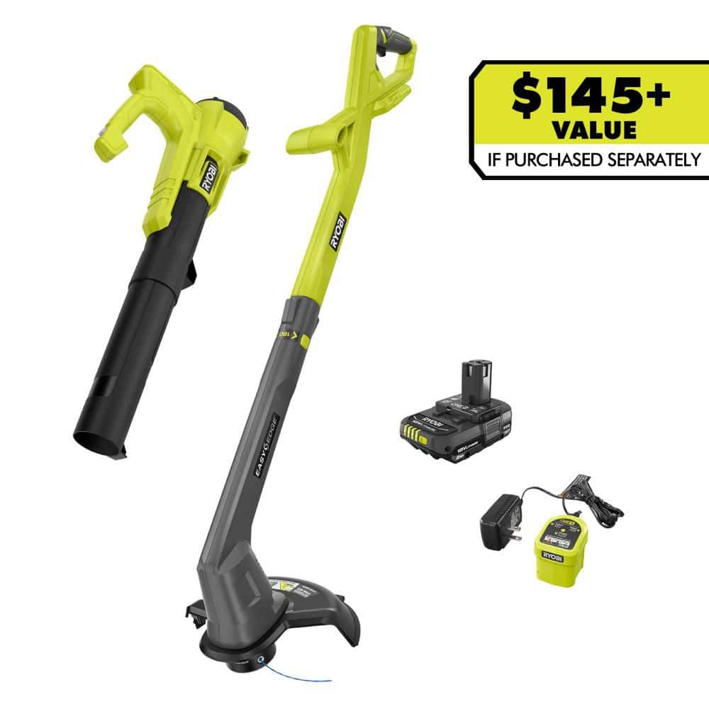 ONE+ 18V Cordless String Trimmer/Edger and Blower/Sweeper Combo Kit (2-Tools) with 2.0 Ah Battery and Charger by RYOBI- new in box