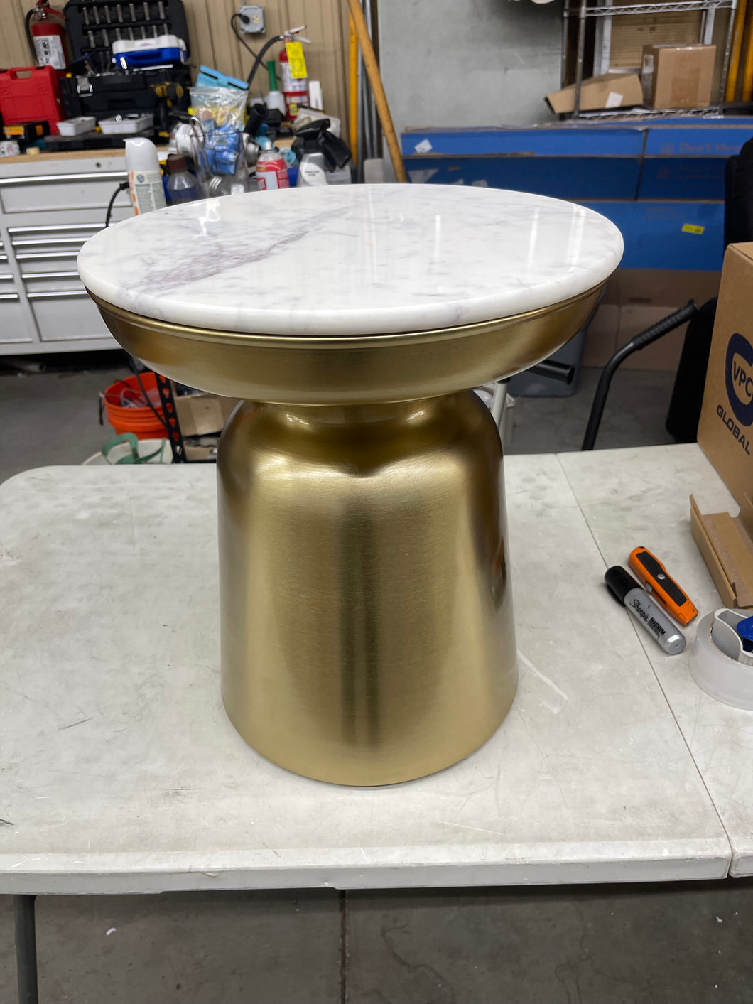 Cupertine Round Gold/Marble Metal Accent Table with Marble Stone Top (16.5 in. W x 18.5 in. H) by Home Decorators Collection- new!