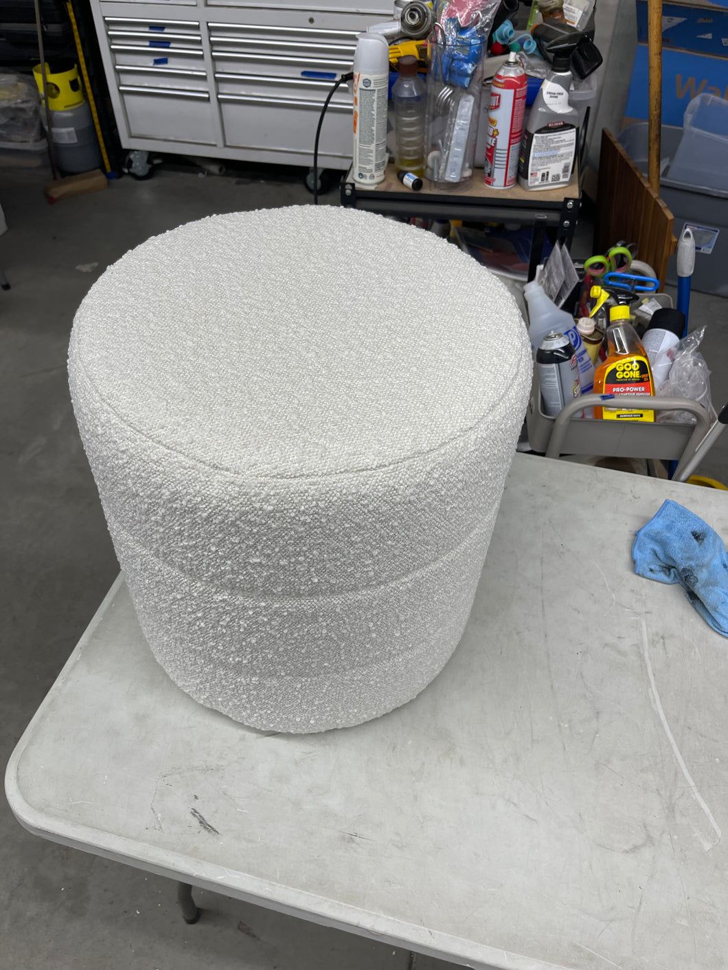 Cream Textural Boucle Upholstered Polyester Round Decorative Ottoman- new