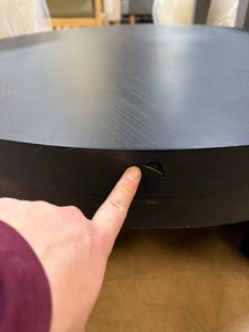 Beautiful Mod Round Coffee Table by Drew Barrymore, Black Wood!! (NEW - ASSMEBLED - SMALL CHIP FROM SHIPPING)