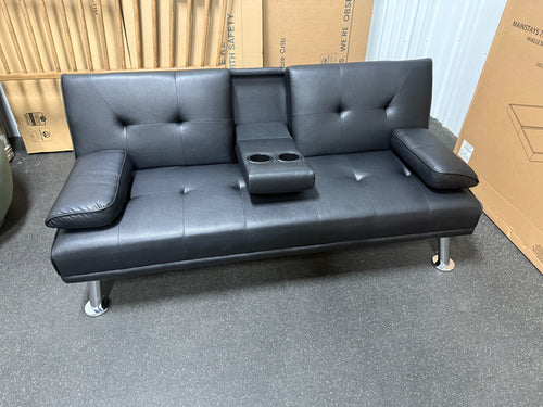 Renwick Modern Faux Leather Futon with Cupholders and Pillows, Black!! NEW AND ASSEMBLED!!