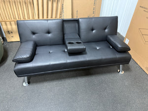Renwick Modern Faux Leather Futon with Cupholders and Pillows, Black!! NEW AND ASSEMBLED!!