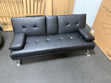 Renwick Modern Faux Leather Futon with Cupholders and Pillows, Black!! NEW AND ASSEMBLED!!