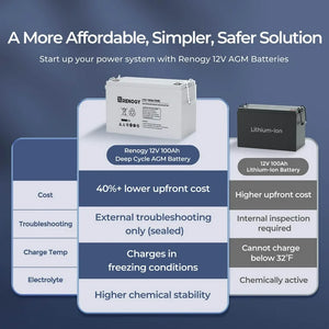 Renogy Deep Cycle AGM 12 Volt 100Ah Battery, 3% Self-Discharge Rate, 1100A Max Discharge Current, Safe Charge Appliances for RV, Camping, Cabin, Marine and Off-Grid System, Maintenance-Free! (NEW IN BOX)