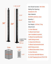 VEVOR - Cable Railing Post, 36x1x2 Inch Corner Railing Post, with L-Shaped Pre-Drilled Holes, Stainless Steel Cable Rail Post - Black- 4 pack - new