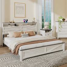Wooden King Size Bed Frame with Storage Headboard, Farmhouse Platform Bed Frame with LED Lights and Charging Station, White! (NEW IN BOX)