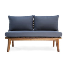 Mid-Century Outdoor Loveseat With Gray Seat Cushion And Tapered Legs Wood Slatted Base-new / assembled