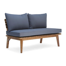 Mid-Century Outdoor Loveseat With Gray Seat Cushion And Tapered Legs Wood Slatted Base-new / assembled