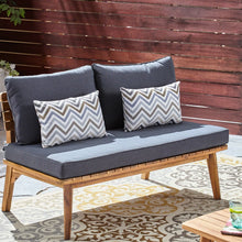 Mid-Century Outdoor Loveseat With Gray Seat Cushion And Tapered Legs Wood Slatted Base-new / assembled