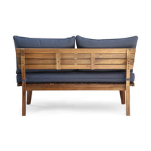 Mid-Century Outdoor Loveseat With Gray Seat Cushion And Tapered Legs Wood Slatted Base-new / assembled
