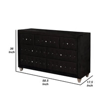 Rea Wide Dresser, 7 Drawers With Crystal Knobs, Black Velvet Upholstery!! WE DO NOT SHIP!!