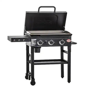 Char-Griller Flat Iron 3-Burner Outdoor Griddle Gas Grill with Lid in Black!! NEW AND ASSEMBLED (HOOD IS DENTED FROM SHIPPING)!!