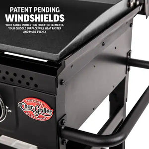 Char-Griller Flat Iron 3-Burner Outdoor Griddle Gas Grill with Lid in Black!! NEW AND ASSEMBLED (HOOD IS DENTED FROM SHIPPING)!!