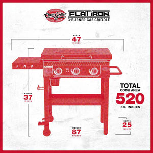 Char-Griller Flat Iron 3-Burner Outdoor Griddle Gas Grill with Lid in Black!! NEW AND ASSEMBLED (HOOD IS DENTED FROM SHIPPING)!!