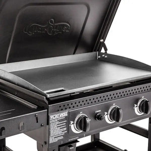 Char-Griller Flat Iron 3-Burner Outdoor Griddle Gas Grill with Lid in Black!! NEW AND ASSEMBLED (HOOD IS DENTED FROM SHIPPING)!!