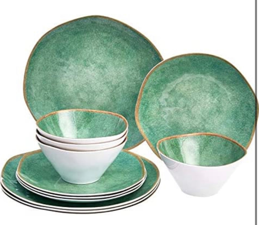 Amazon Basics 12-Piece Melamine Dinnerware Set - Service for 4, Teal Weathered Crackle- NEW IN BOX!!!