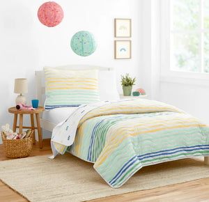 Gap Home Kids Rainbow Stripe Organic Cotton Blend Reversible Quilt Set, Full/Queen, Green Multi, 3-Pieces- NEW!!!